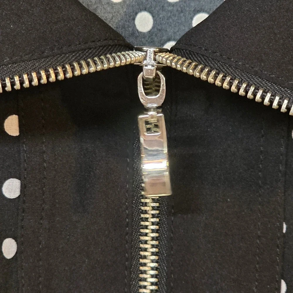 Laura Ashley Black White Polka‎ Dot Zip Up Light Jacket Drawstring Waist Women M